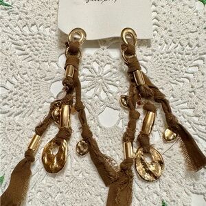 Free People | Boho Statement Tassel Earrings | Gold + Fabric Fringe NWT